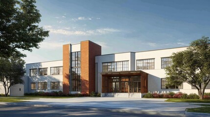 Modern american school building exterior architecture with red brick walls, large glass windows, and landscaped entrance showcasing education campus design and academic learning environment
