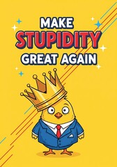 Fototapeta premium This humorous image cleverly satirizes political themes with a cartoon chick wearing a crown and a suit.