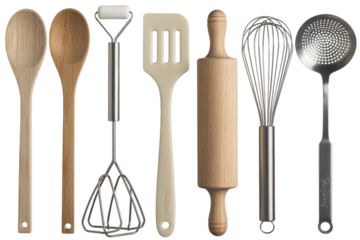 Assortment of Kitchen Utensils on White Background