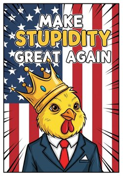 Satirical political artwork of a chicken in a suit with a crown.