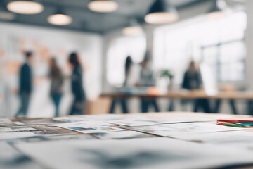 Pictures and mockups on a wall in a modern office with blurred people in the background. Collaborative work environment concept