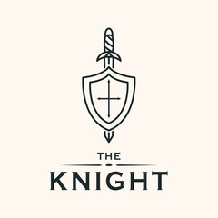 sword knight line art logo vector minimalist illustration design, knight ammunition war logo design