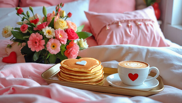 Heart shaped pancakes and cappuccino for a romantic breakfast in bed with flowers