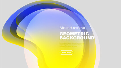 Abstract shapes overlap, creating vibrant color gradients. Modern design with text, button present. Clean, minimalist aesthetic.