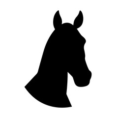 horse head silhouette in profile with upright ears and strong outline black isolated on white background concept of animal identity equestrian sport ranch farm veterinary branding