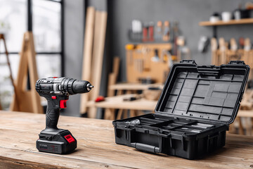 Cordless drill-screwdriver on a wooden table with a tool case and against the background of an organized workshop demonstrating various tools and equipment. DIY home improvement concept