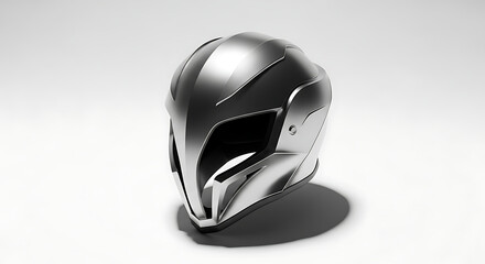 Isometric view of a futuristic silver helmet with a shadow on a white background in a studio setting