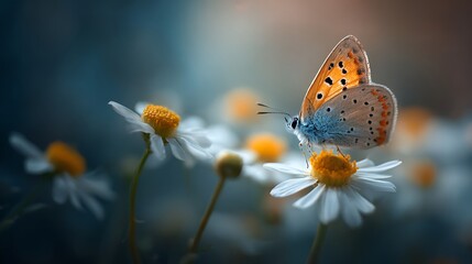 Fototapeta premium Orange butterfly perched on a white daisy in soft light