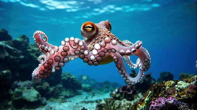 Underwater video captures a close-up of an octopus swimming gracefully. The low-angle shot highlights its tentacles against a vibrant ocean backdrop.
