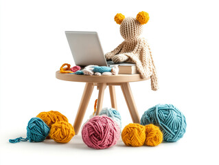 Cozy Crochet Online: A charming knitted figure engrossed in online crochet, surrounded by a colorful array of yarn balls and essential crafting tools.
