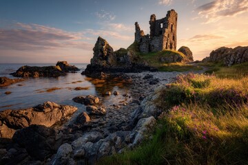 Fototapeta premium Ayrshire Castle Ruin on Scottish Coastal Sunset in Outdoors