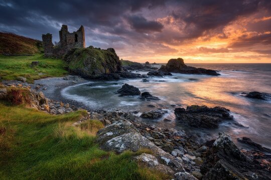 Ayrshire Castle Ruins at Sunset: Coastal Scottish Outdoor Ruins in Dunure, Scotland