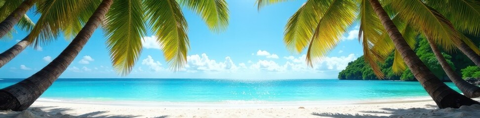 Sun-drenched palm trees frame pristine beach, turquoise sea , holiday, palm trees, water