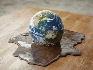 Melting Globe: A poignant visual metaphor depicts the Earth, in a globe form, melting into a puddle. Expressing concern about climate change.