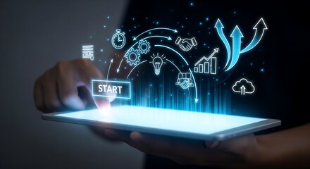 A person holds a tablet displaying a "Start" button and various business icons.