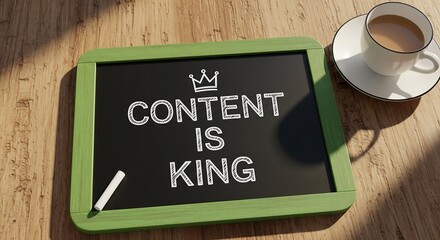 A chalkboard with the text "Content is King" and a crown illustration, next to a cup of coffee on a wooden surface.