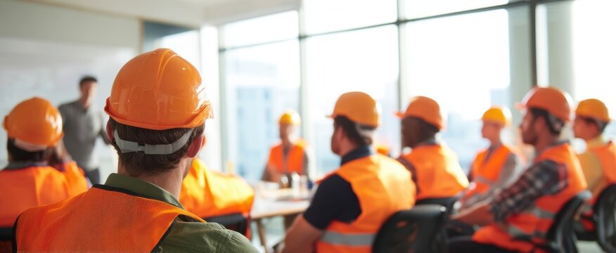 The construction team engaged in an important safety training session indoors.