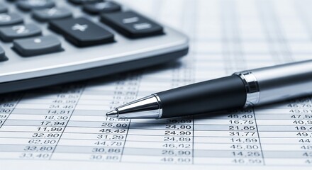 Calculator, pen, and detailed financial spreadsheet; business accounting concept.