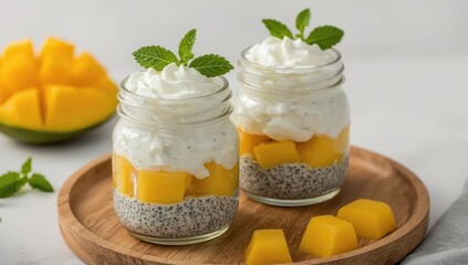 Two glass jars filled with layered mango chia pudding topped with whipped cream and garnished with fresh mint leaves.