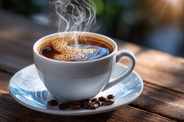 Steaming Cup of Coffee on Wooden Table