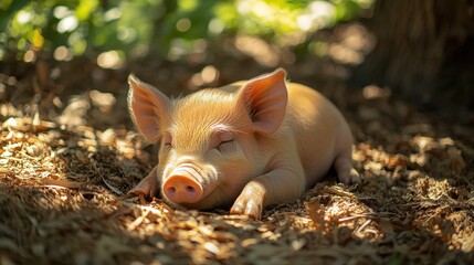 Cute piglet sleeping on the forest floor with dappled sunlight and surrounded by fallen leaves and natural greenery, showcasing idyllic rural farm life and adorable animal behavior
