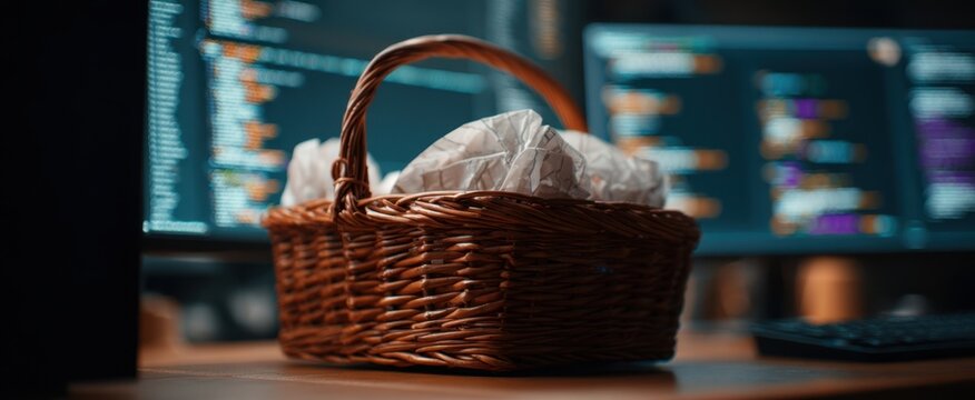 The inviting basket of fresh bread on a tech-themed workspace. - Powered by Adobe