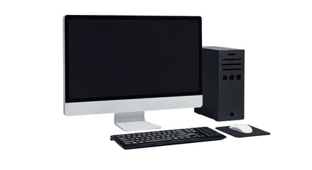 Fototapeta premium Modern desktop computer workstation, sleek silver monitor with black keyboard and mouse, professional office pc tower setup for business and gaming isolated PNG with Transparent Background