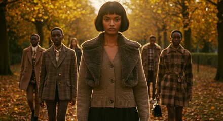 Fototapeta premium Models in autumnal park attire, showcasing fall fashion.