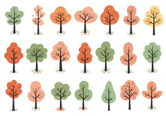 Collection of autumn trees on pure white background &ndash; set of minimalist trees in vector style illustration