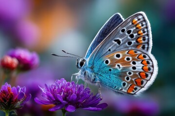 Obraz premium Vivid Blue Butterfly on Purple Flower Close Up