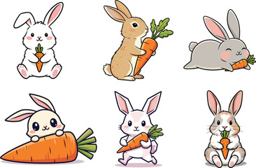Cute cartoon rabbits holding carrots in various poses, colorful vector illustration for spring, Easter, nature, and children’s animal character design