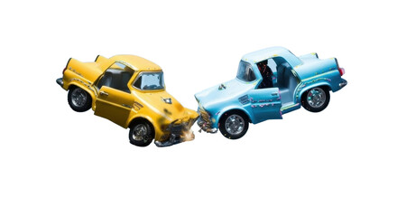 Fototapeta premium Vintage toy car crash scene, miniature yellow and blue vehicles in head-on collision, automotive insurance and traffic accident concept isolated PNG with Transparent Background