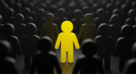 Obraz premium Standing Out from the Crowd A Yellow Figure Illuminated Amidst a Shadowy Mass, Symbolizing Individuality, Leadership, and Uniqueness in a Homogeneous Group