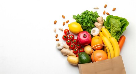 A brown paper bag spills out a colorful assortment of fresh fruits, vegetables, nuts, and herbs on a white background.