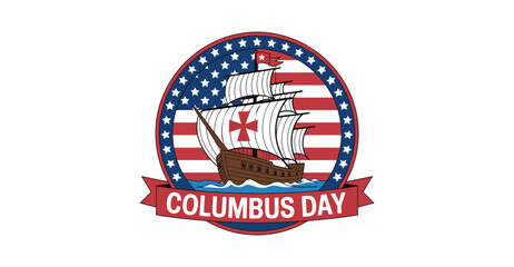 Columbus Day emblem with historic sailing ship, red cross sails, American flag border, stars, and ribbon banner on blue ocean waves