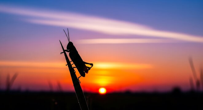 A tranquil silhouette of a grasshopper perched on a blade of grass during a vibrant and colorful sunset