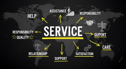 Illustration showing the concept of "Service" surrounded by related words like help, care, support, and responsibility, against a world map background.