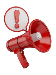 Red megaphone with exclamation mark speech bubble bullhorn
