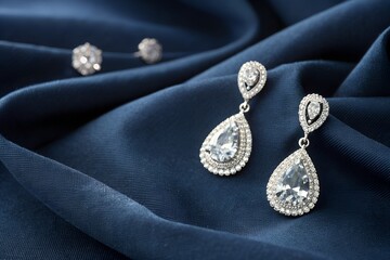 Elegant Pear-Shaped Diamond Earrings - Luxury Jewelry Photography on Blue Silk