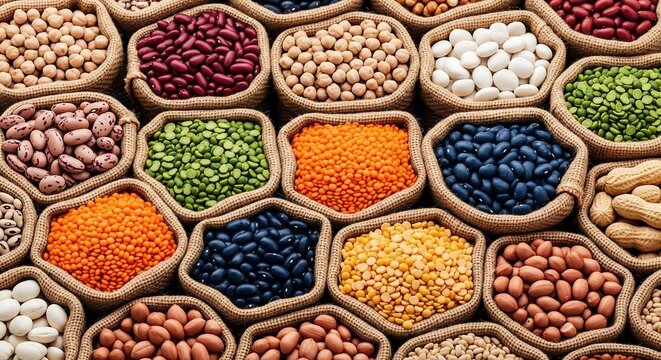 Assortment of various dried beans and legumes in burlap sacks.