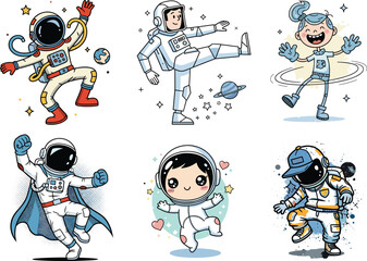 Playful cartoon astronauts in colorful space suits with planets, stars, and cosmic elements, fun vector illustration for children’s space exploration design