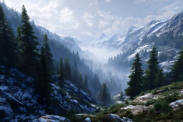  Majestic mountains, evergreen trees, mist, blue sky.