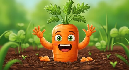 Cheerful Cartoon Style of a Happy Carrot Character in Garden