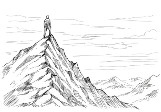 Isolated White Figure Standing At Mountain Top Silhouette Illustration