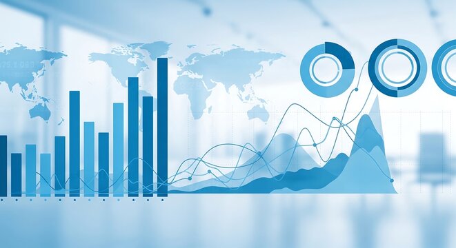 Global business analytics visualized with bar charts, line graphs, and pie charts overlaid on a world map in a blurred office background.