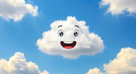 Cartoon Style Cheerful Cloud Illustration with Smiling Face Against Blue Sky