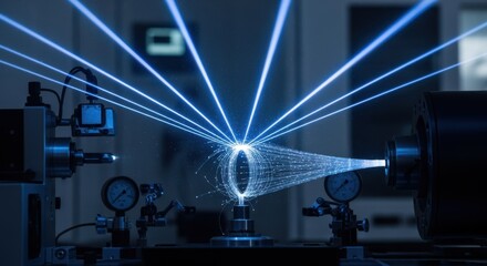 Dark room illuminated by blue laser sensors scanning nanotube fibers during the spinning process for space tether quality assurance.