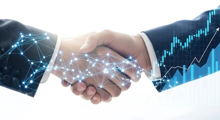 Two businessmen shaking hands, overlaid with a network connection and a rising stock market chart.