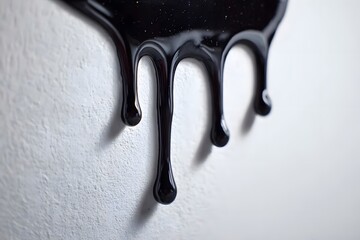 Black liquid dripping down a white wall.