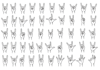 Isolated White Hand Gesture Rock And Roll Sign Collection On Black Background